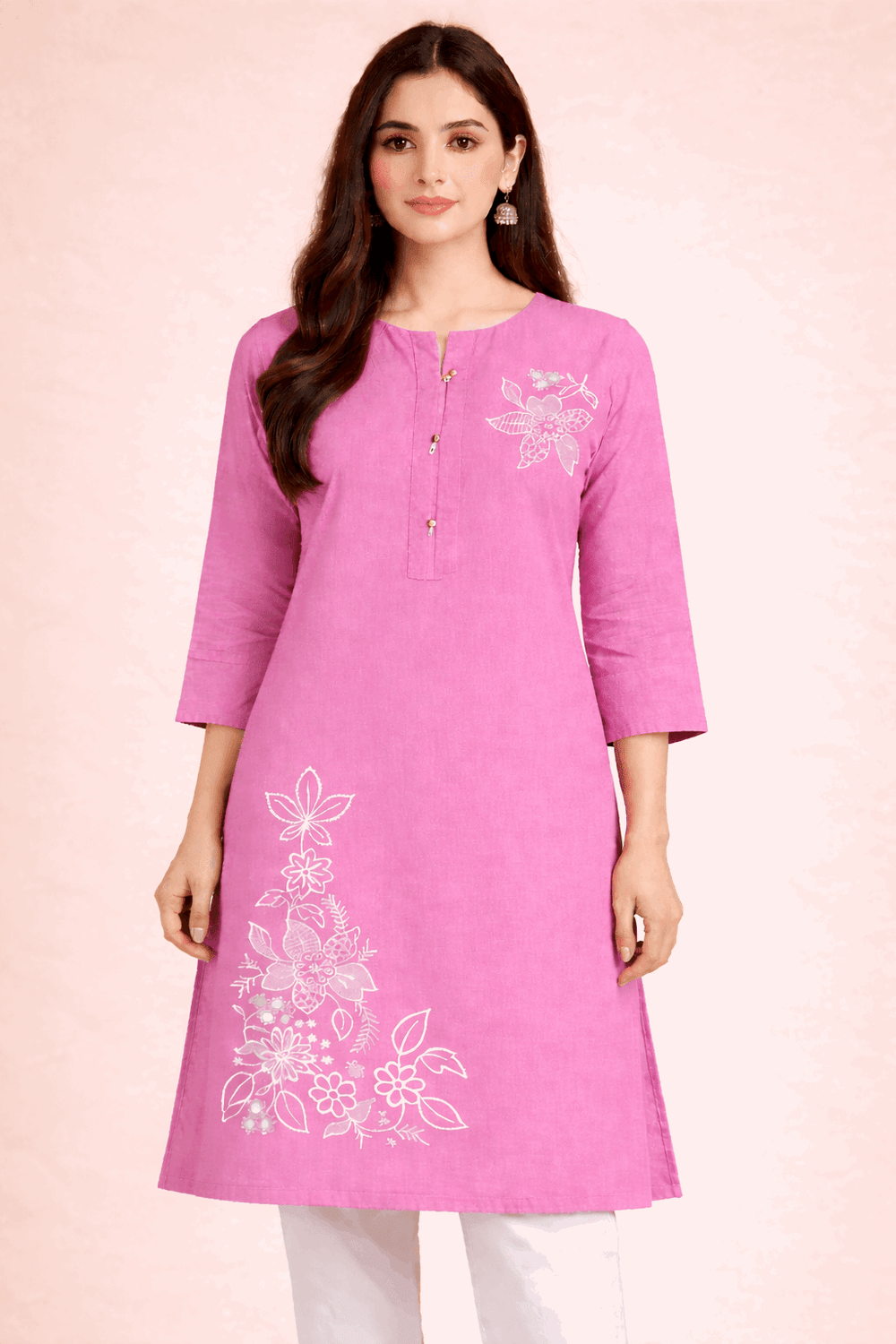 Floral Embroidered Pink Cotton Kurta - Nishat Creative Store