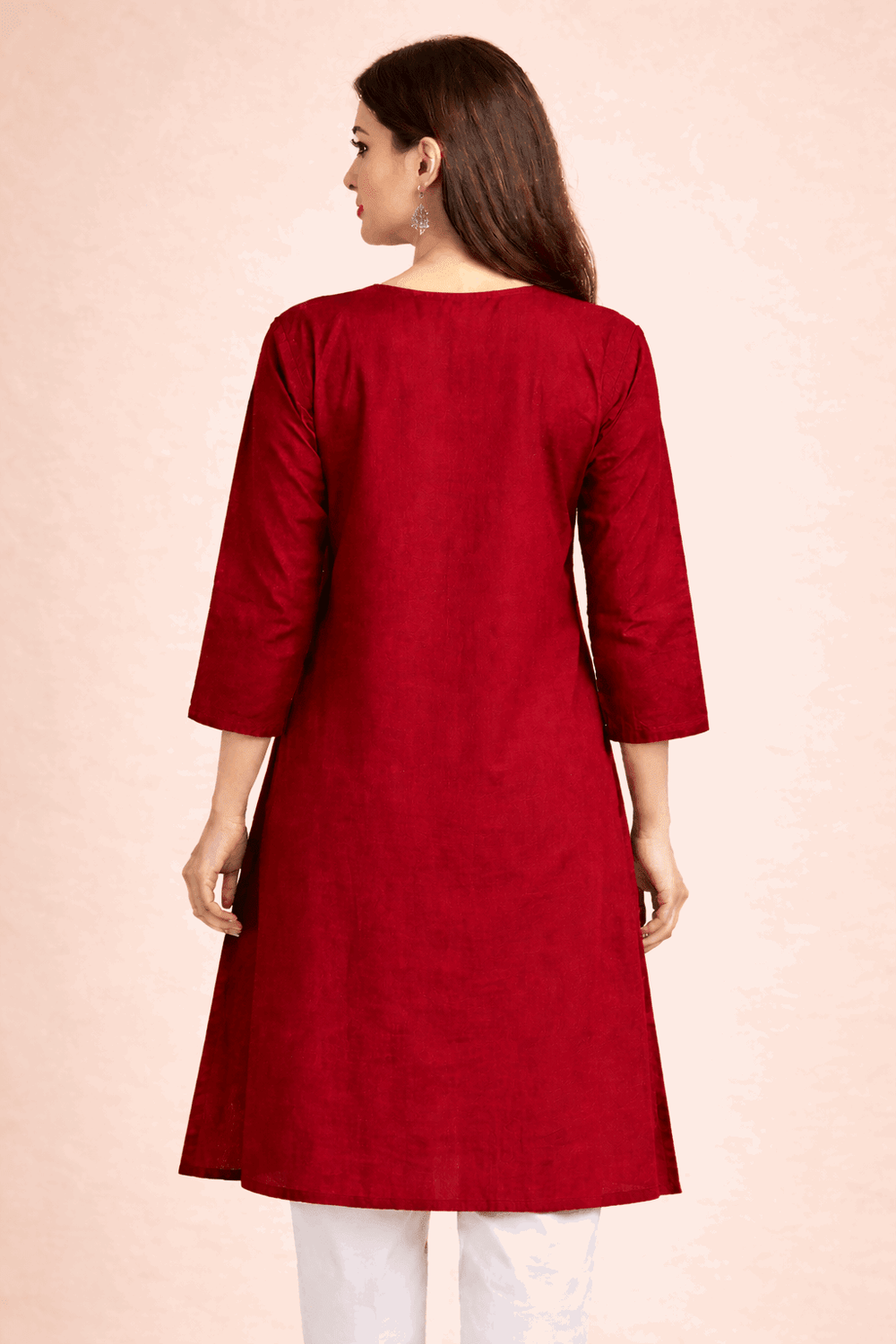 Floral Embroidered Red Cotton Kurta - Nishat Creative Store