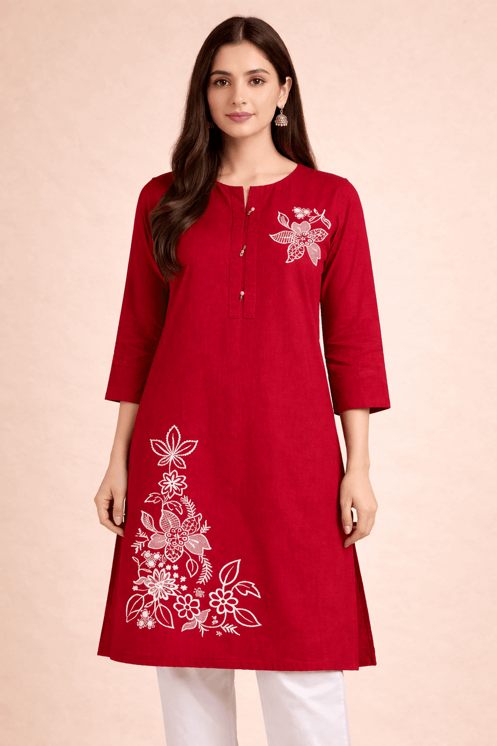 Floral Embroidered Red Cotton Kurta - Nishat Creative Store