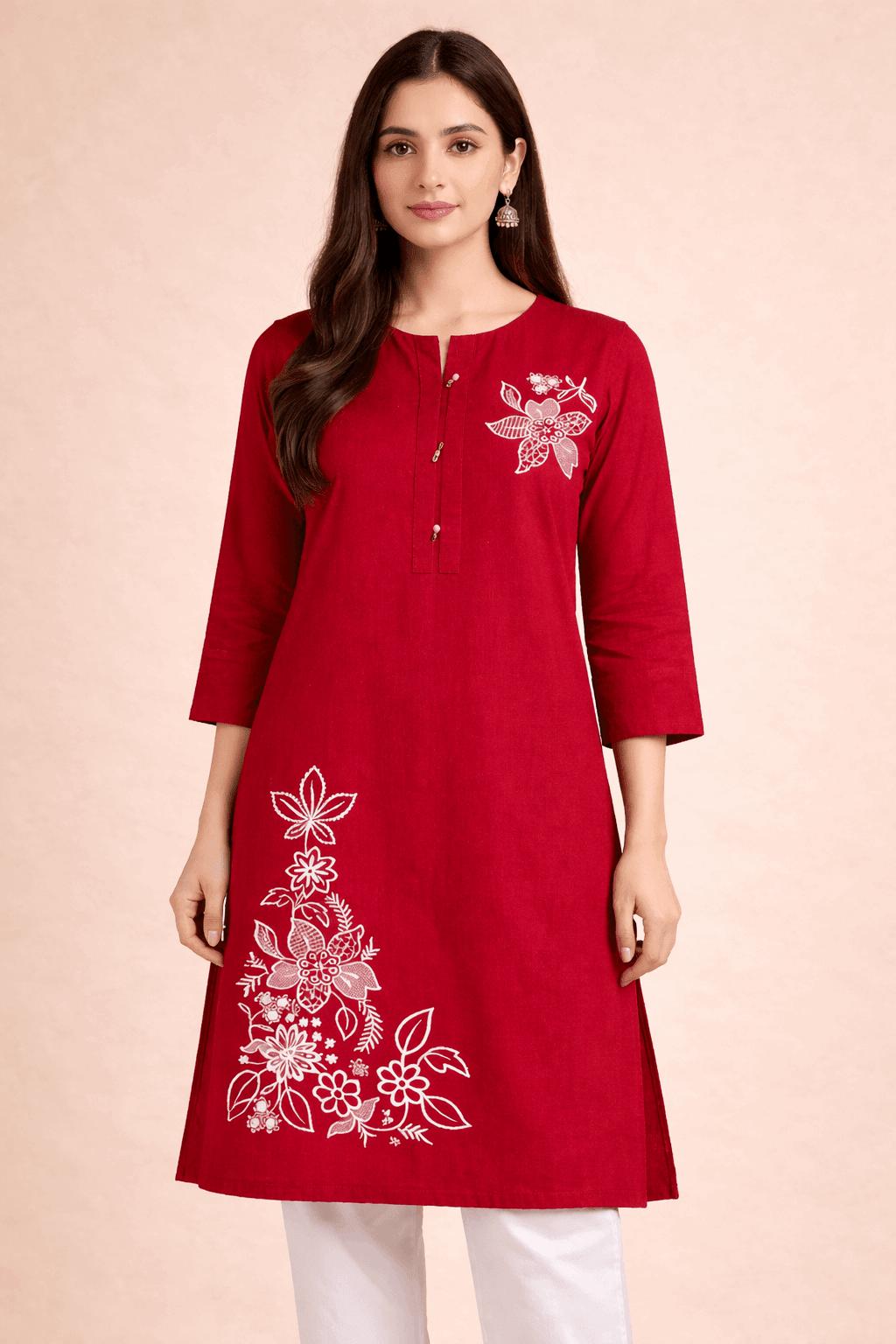 Floral Embroidered Red Cotton Kurta - Nishat Creative Store