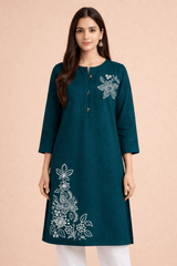 Floral Embroidered Teal Cotton Kurta - Nishat Creative Store