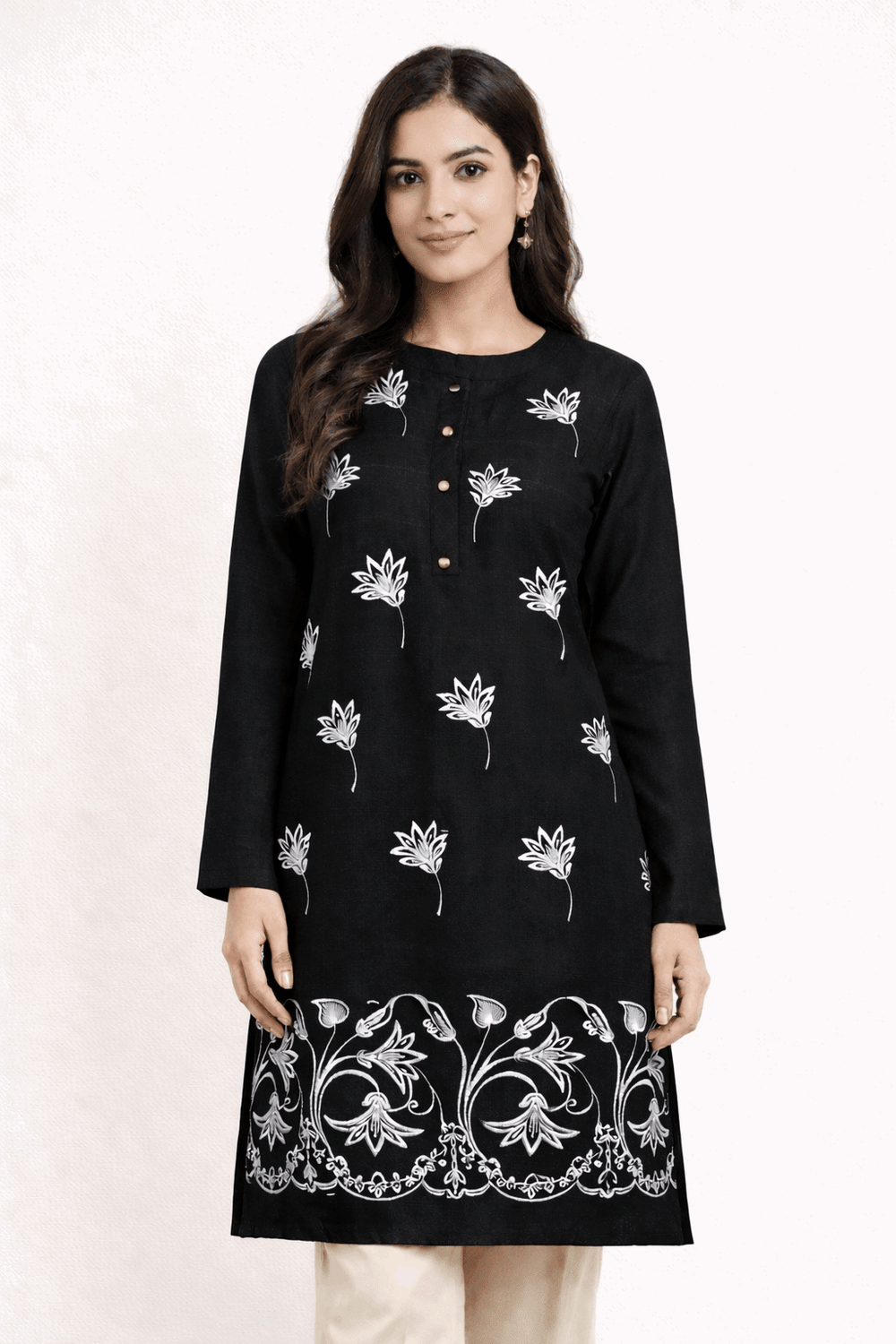 Floral Vine Embroidered Black Cotton Kurta - Nishat Creative Store