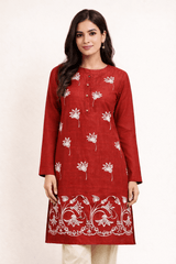 Floral Vine Embroidered Crimson Cotton Kurta - Nishat Creative Store