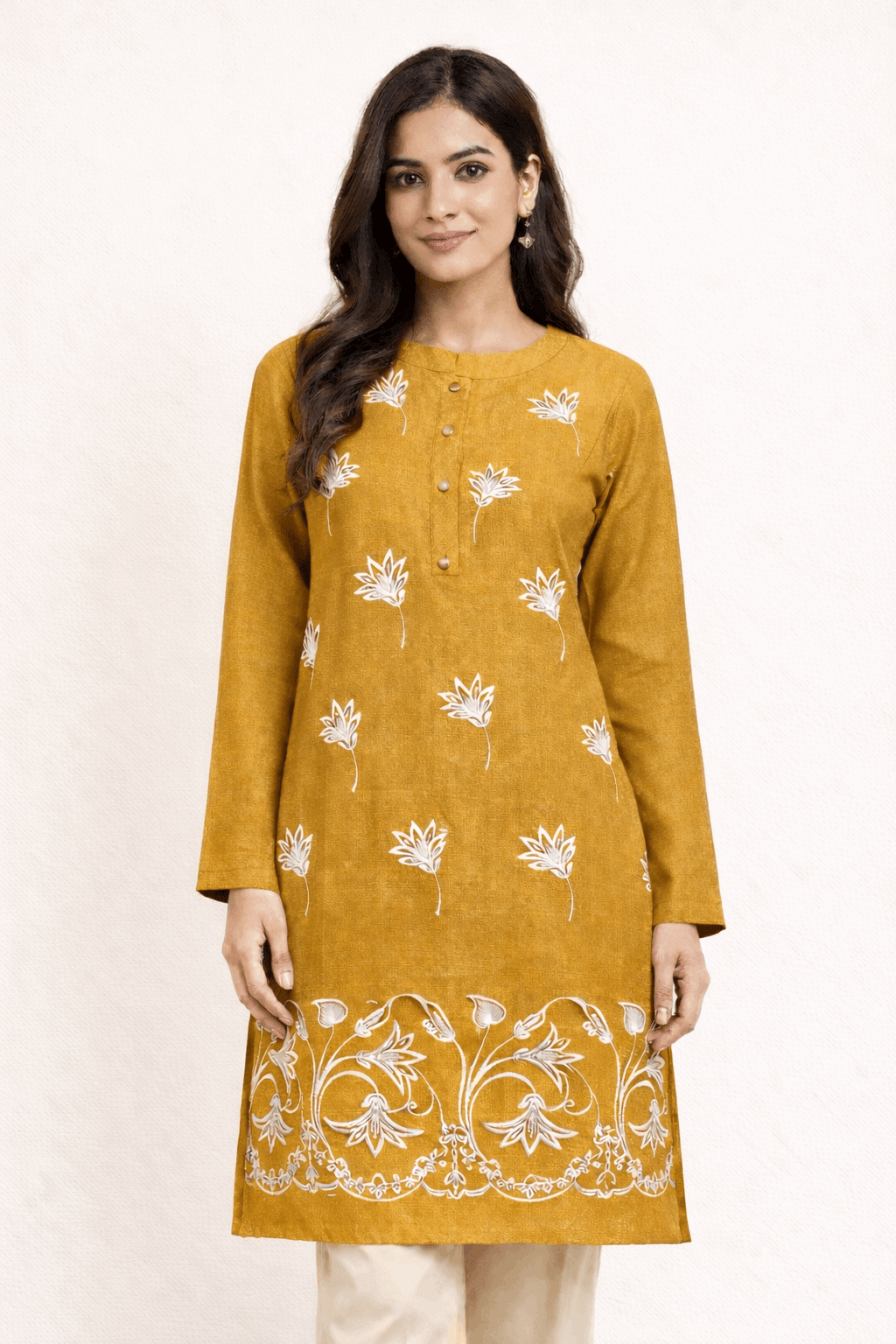 Floral Vine Embroidered Mustard Cotton Kurta - Nishat Creative Store