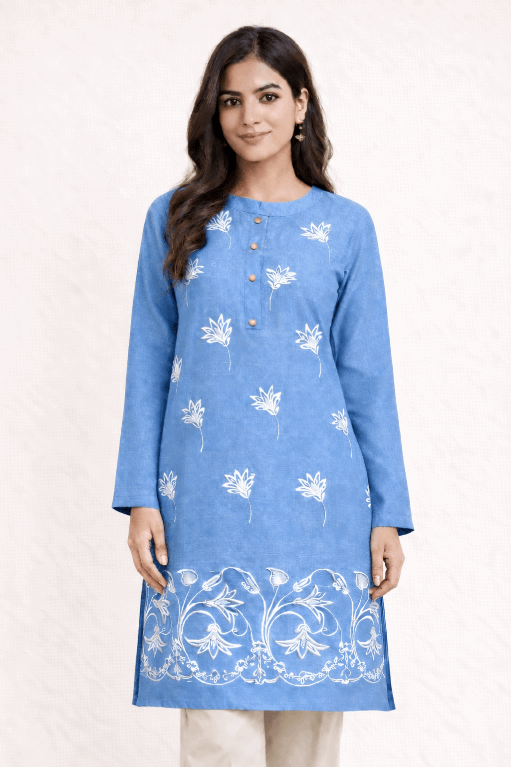 Floral Vine Embroidered Sky Blue Cotton Kurta - Nishat Creative Store