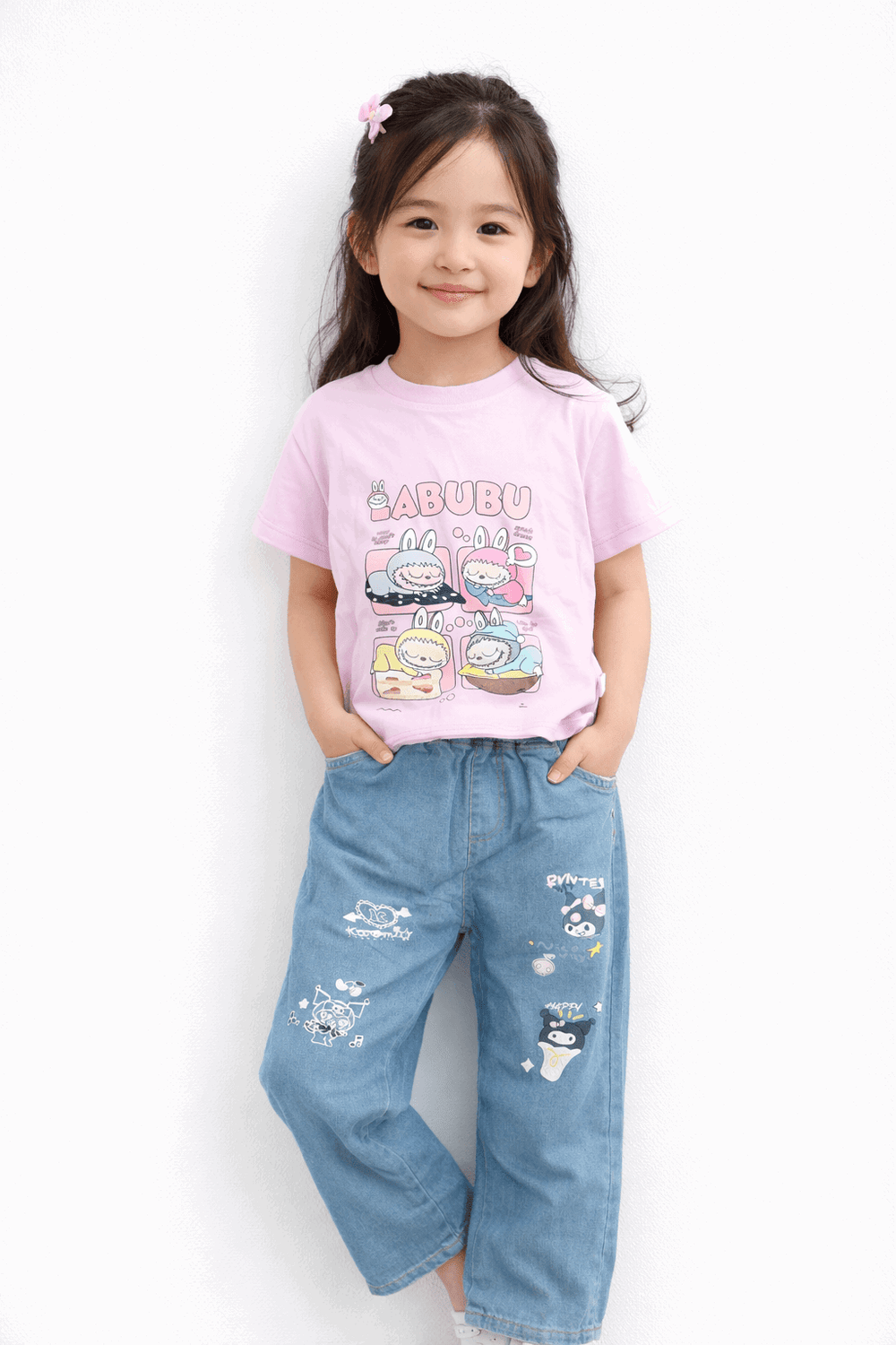 Girls Casual Bunny Print Outfit T-Shirt & Jeans
