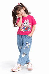 Girls Casual Bunny Print Outfit  T-Shirt & Jeans