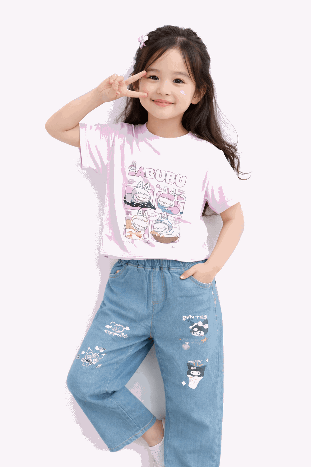 Girls Casual Bunny Print Outfit T-Shirt & Jeans