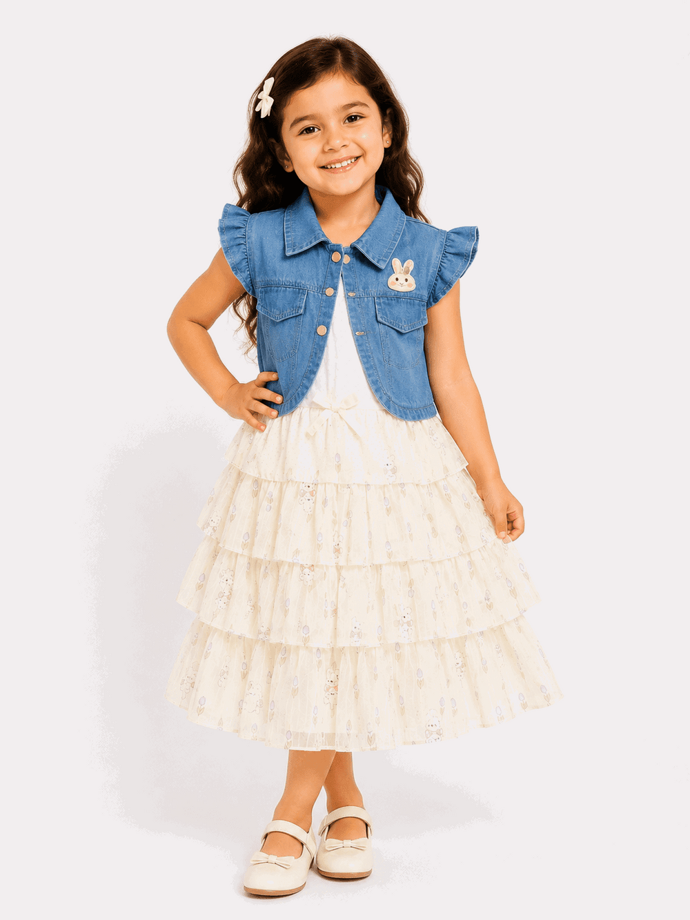 Girls Denim Jacket Printed Frock