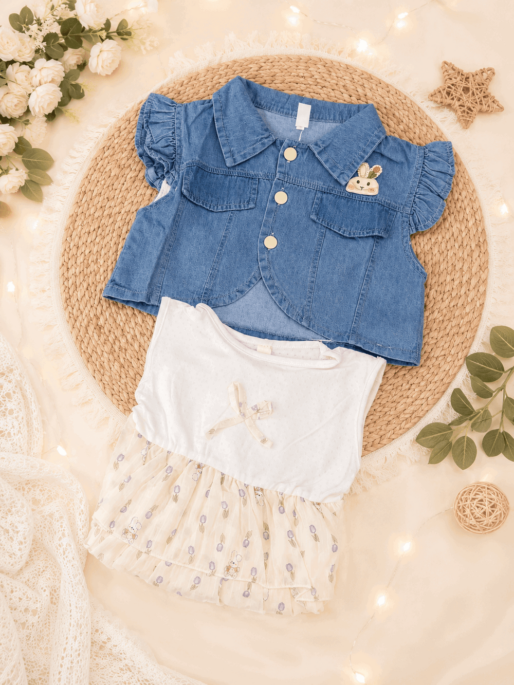 Girls Denim Jacket Printed Frock