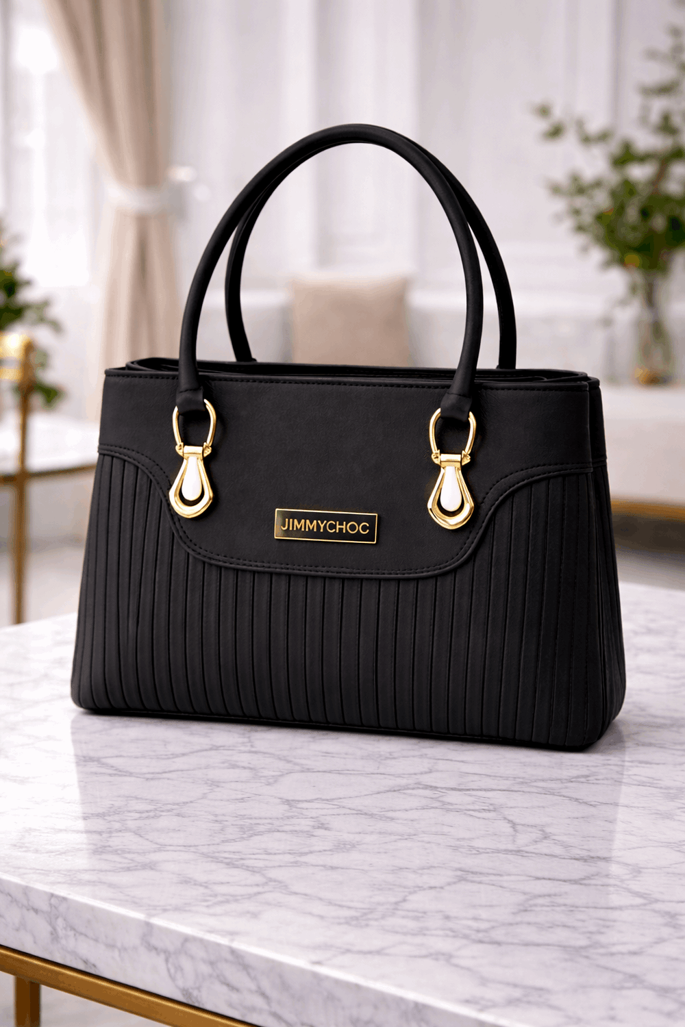 Jimmy Choo Pleated Leather Handbag with Gold-Tone Accents Black - Nishat Creative Store