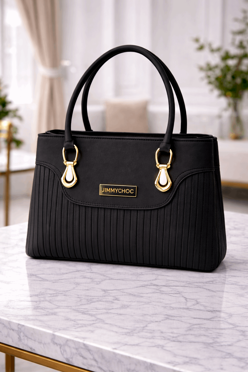 Jimmy Choo Pleated Leather Handbag with Gold-Tone Accents Black - Nishat Creative Store