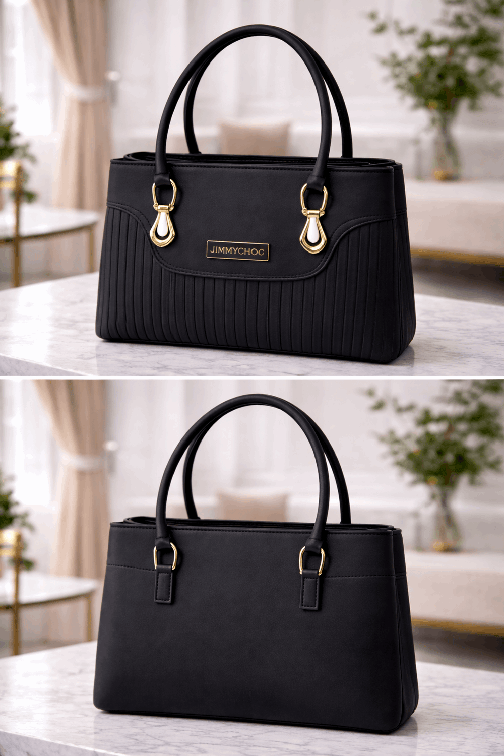 Jimmy Choo Pleated Leather Handbag with Gold-Tone Accents Black - Nishat Creative Store