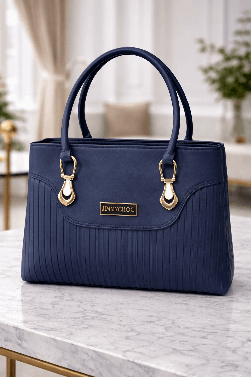 Jimmy Choo Pleated Leather Handbag with Gold-Tone Accents Blue - Nishat Creative Store