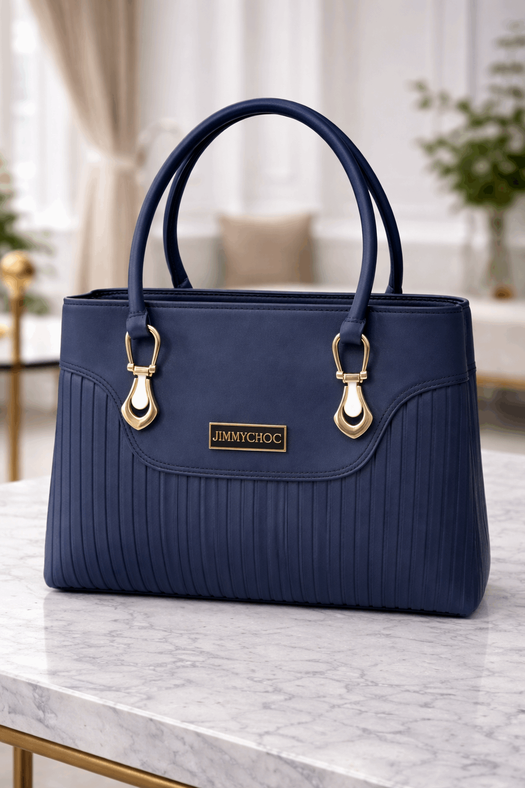 Jimmy Choo Pleated Leather Handbag with Gold-Tone Accents Blue - Nishat Creative Store