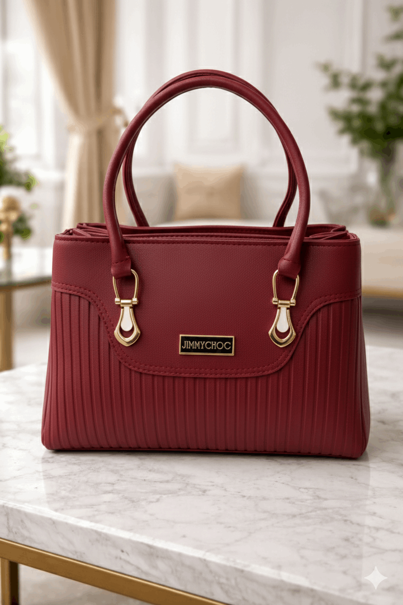 Jimmy Choo Pleated Leather Handbag with Gold-Tone Accents Maroon - Nishat Creative Store