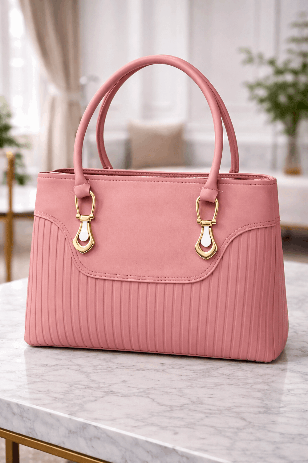 Jimmy Choo Pleated Leather Handbag with Gold-Tone Accents Pink - Nishat Creative Store