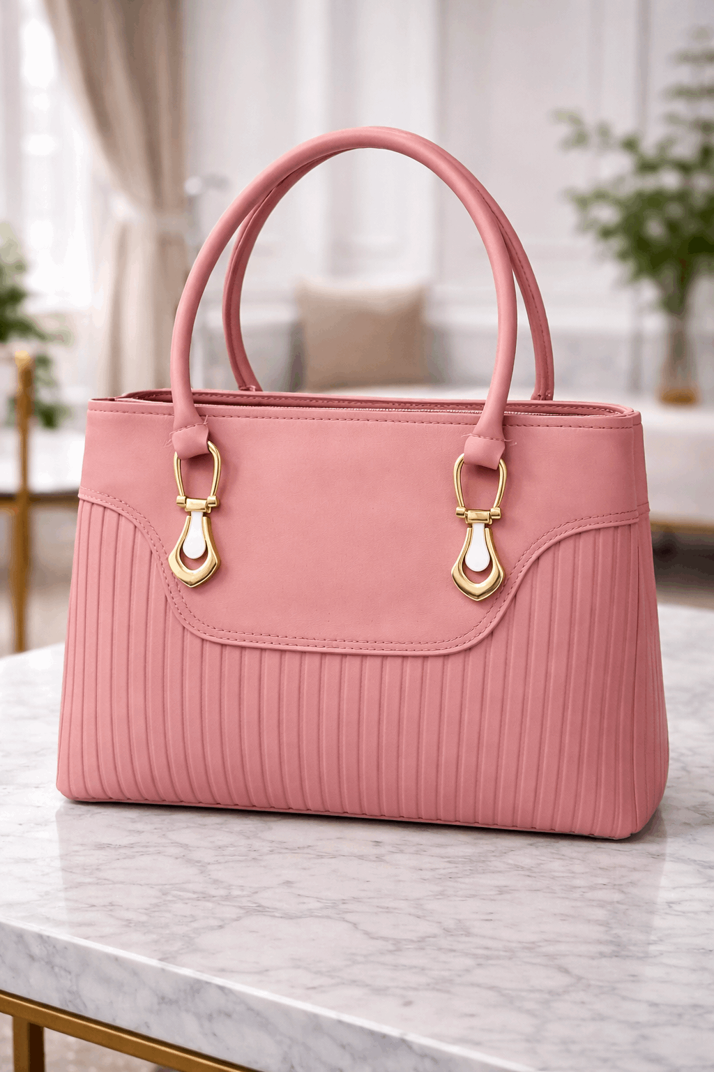 Jimmy Choo Pleated Leather Handbag with Gold-Tone Accents Pink - Nishat Creative Store