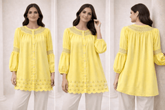 Lemon Yellow Laser-Cut Embroidered Button-Down Tunic - Nishat Creative Store