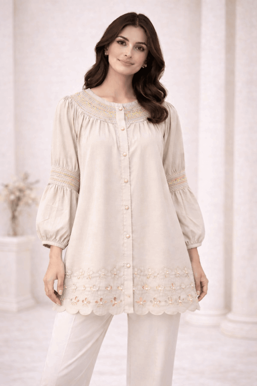 Light Beige Laser-Cut Embroidered Button-Down Tunic - Nishat Creative Store