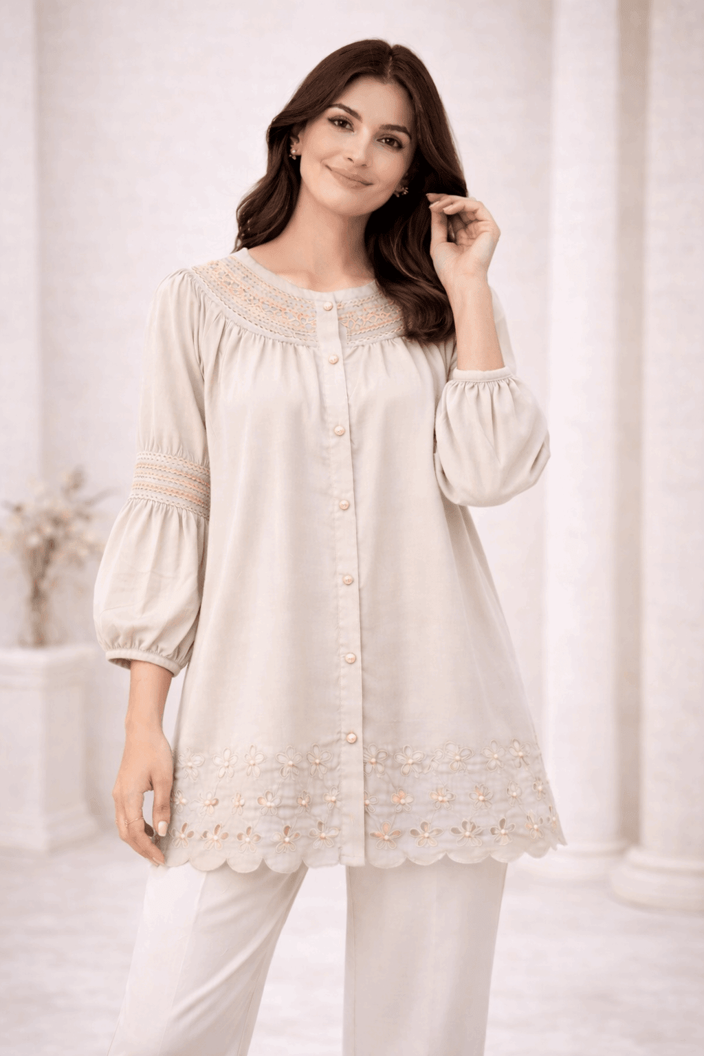 Light Beige Laser-Cut Embroidered Button-Down Tunic - Nishat Creative Store