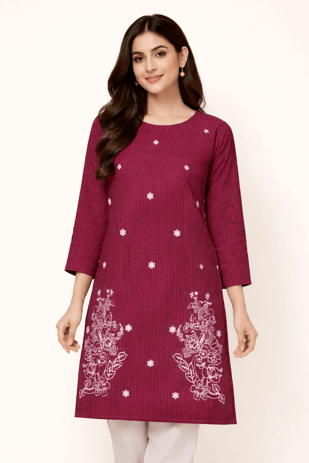 Maroon Striped Floral Embroidered Kurta - Nishat Creative Store