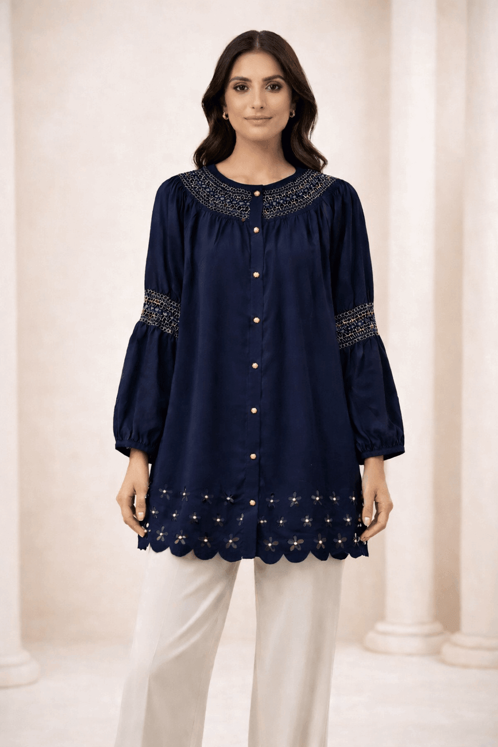 Navy Laser-Cut Embroidered Button-Down Tunic - Nishat Creative Store