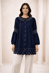Navy Laser-Cut Embroidered Button-Down Tunic - Nishat Creative Store