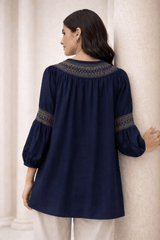 Navy Laser-Cut Embroidered Button-Down Tunic - Nishat Creative Store