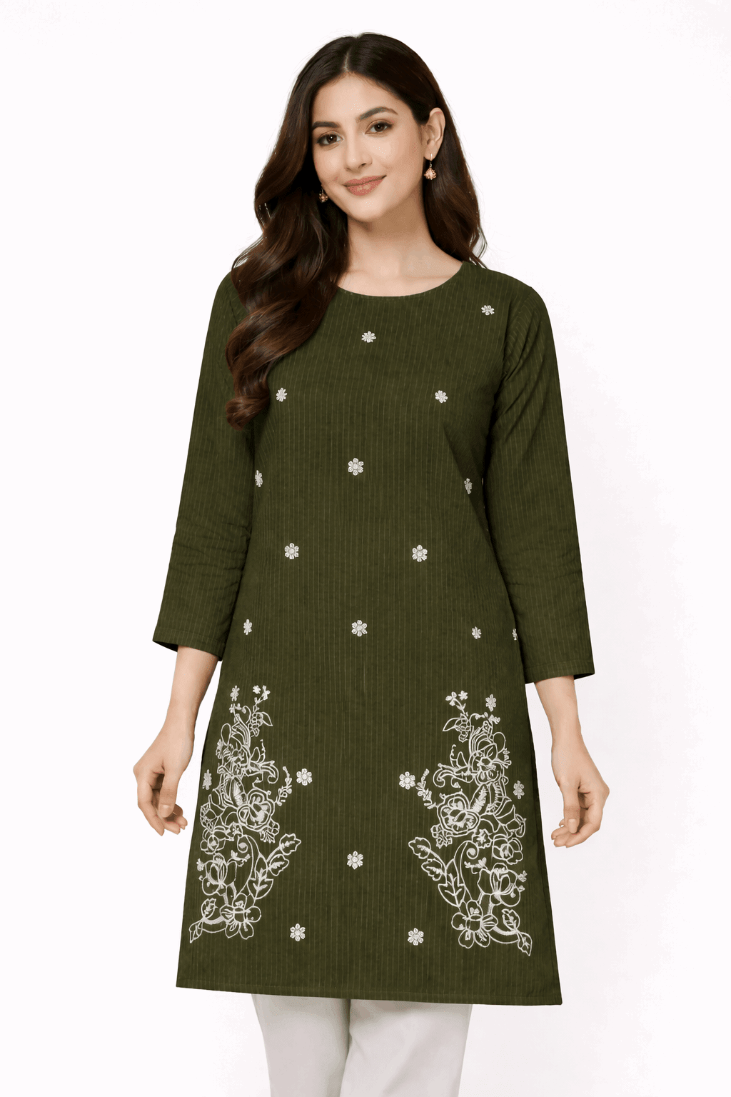 Olive Color Striped Floral Embroidered Kurta - Nishat Creative Store