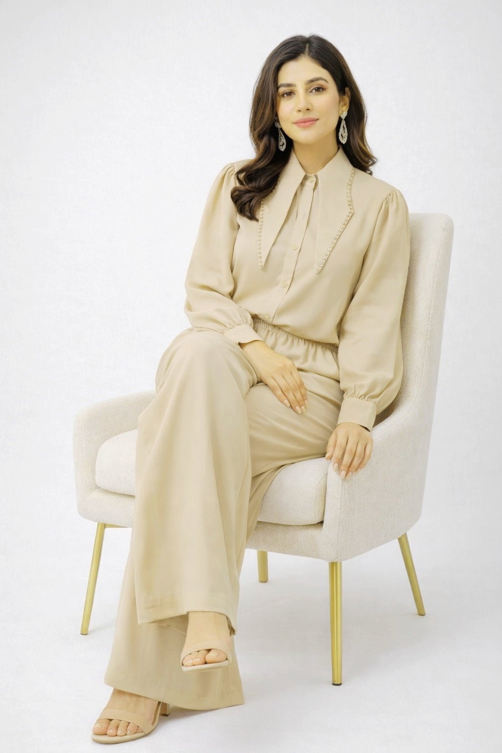 Pearl-Embellished Collared Co-ord Set - Nishat Creative Store