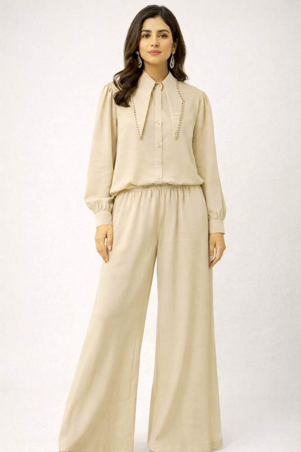 Pearl-Embellished Collared Co-ord Set - Nishat Creative Store