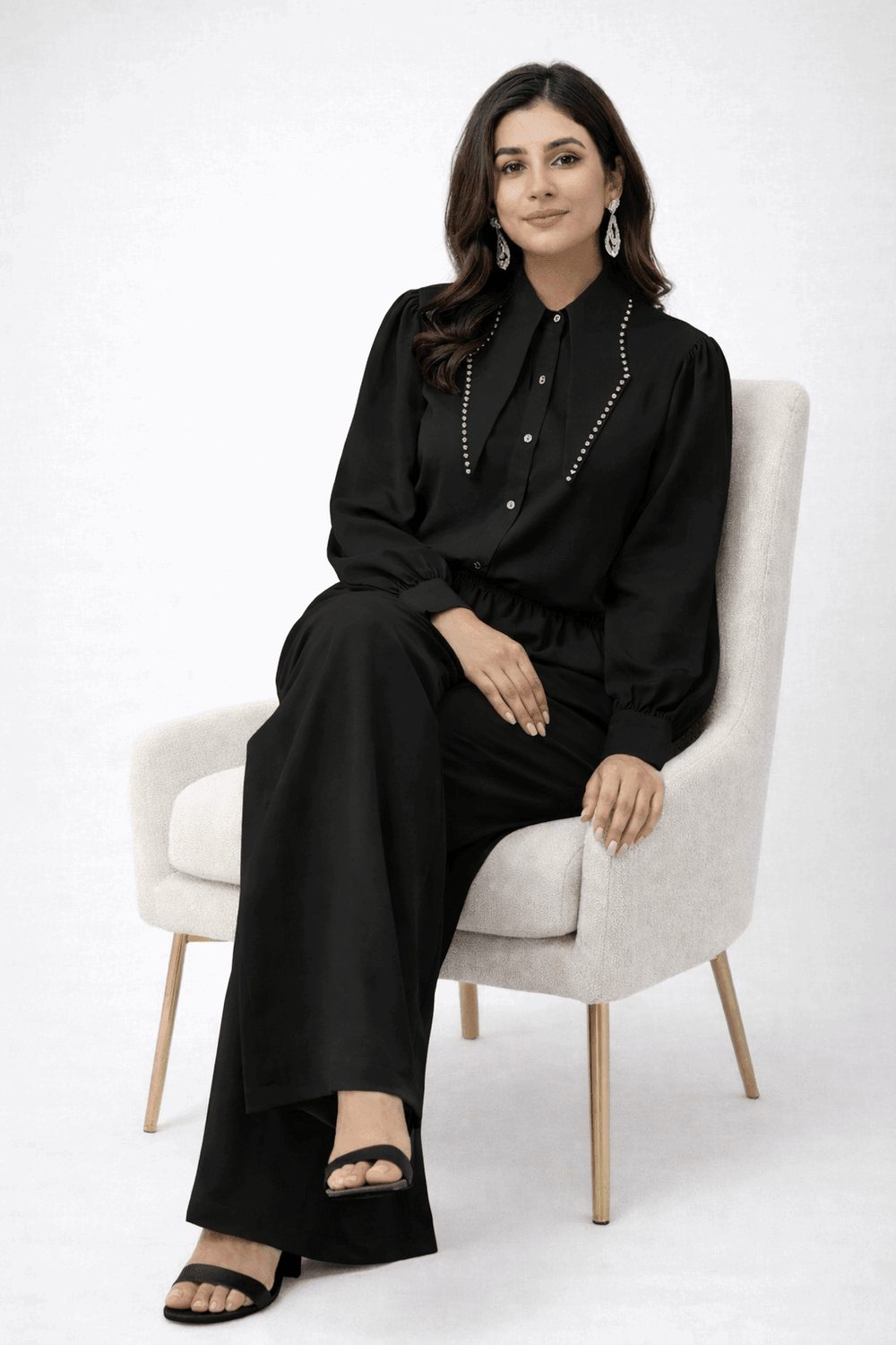 Pearl-Embellished Collared Co-ord Set Black - Nishat Creative Store