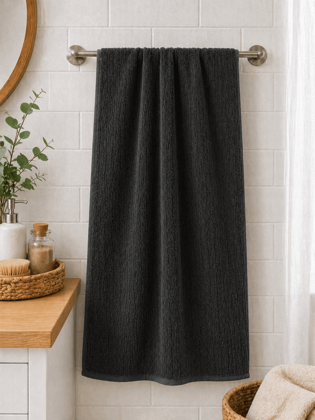 Premium Cotton Bath Towel Narrow Stripe Black - Nishat Creative Store