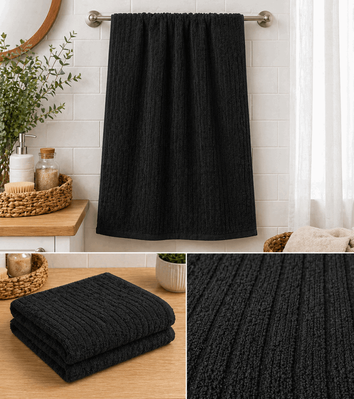 Premium Cotton Bath Towel Narrow Stripe Black - Nishat Creative Store