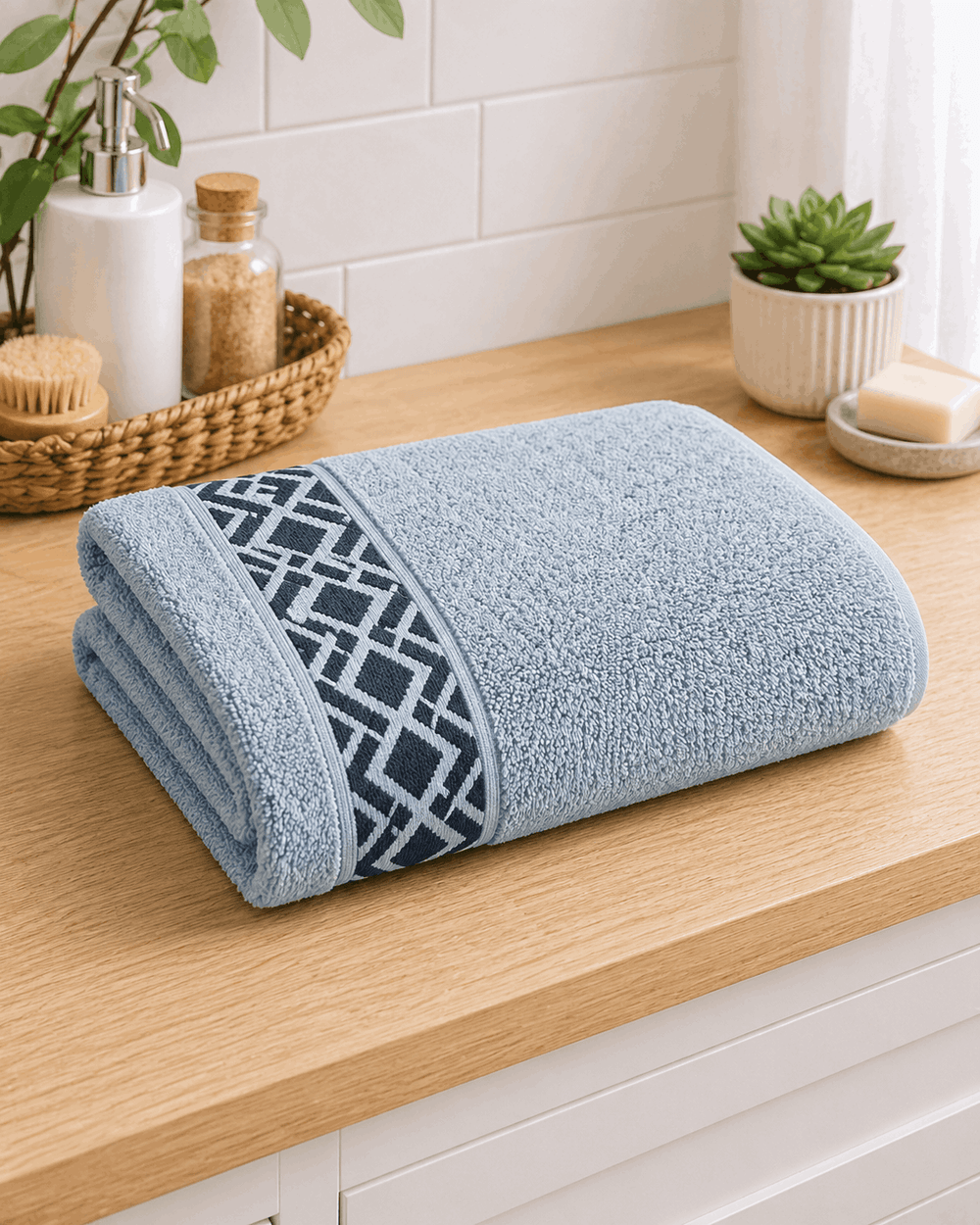 Premium Cotton Bath Towel with Geometric Border - Nishat Creative Store