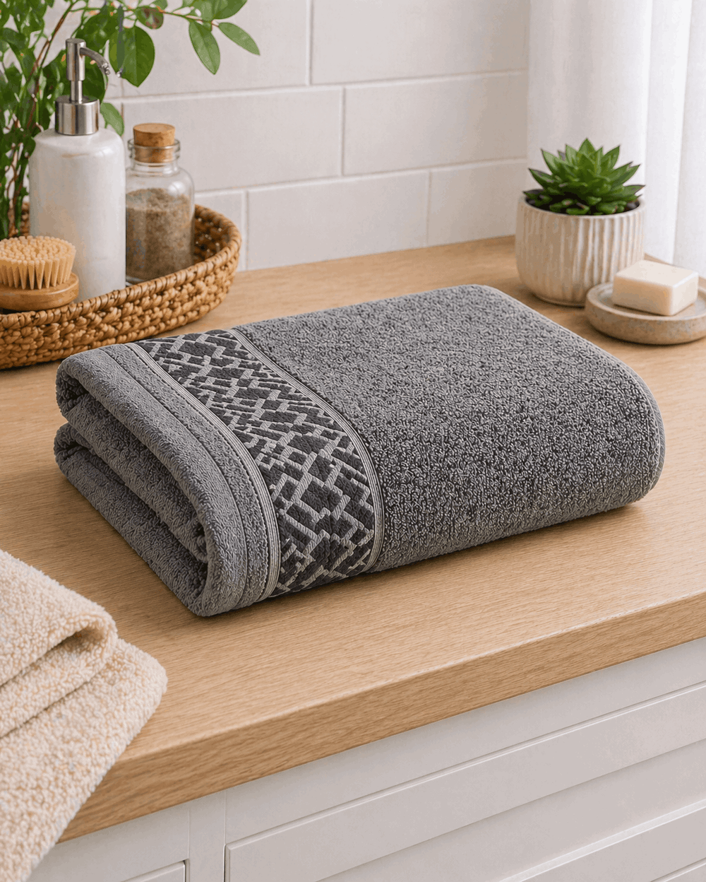 Premium Cotton Bath Towel with Geometric Border - Nishat Creative Store