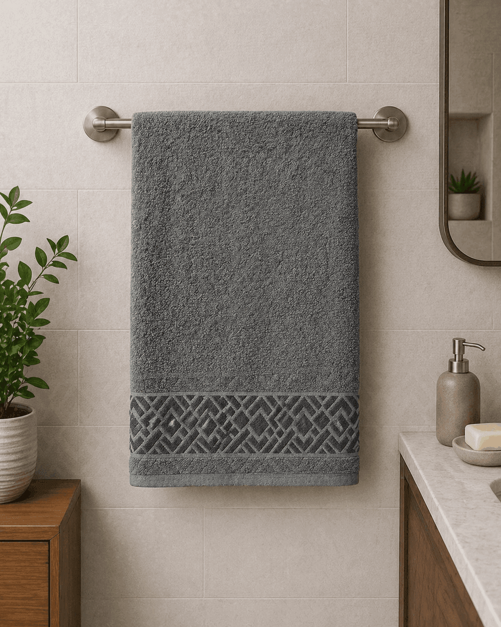 Premium Cotton Bath Towel with Geometric Border - Nishat Creative Store