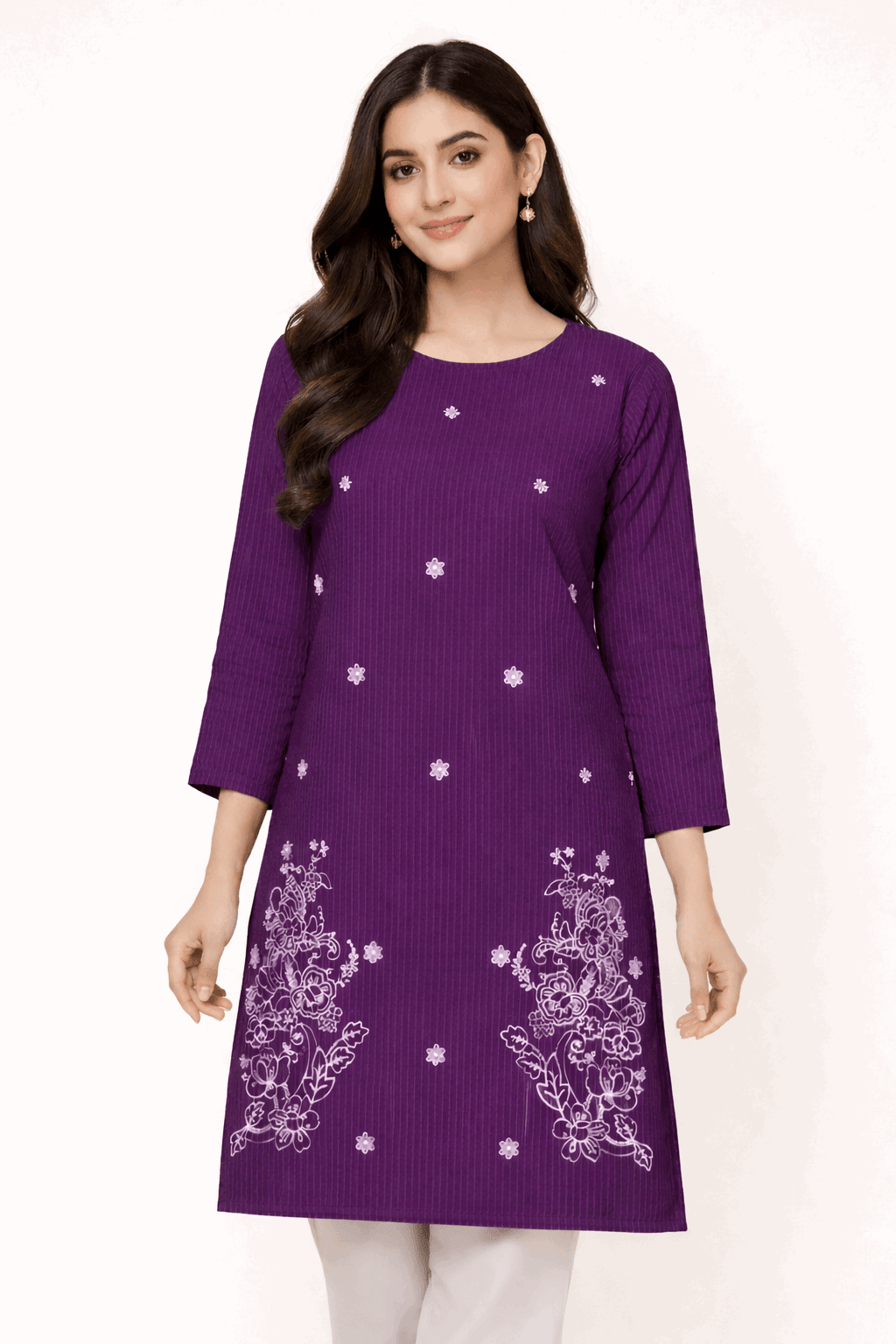 Purple Striped Floral Embroidered Kurta - Nishat Creative Store