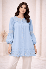 Sky Blue Laser-Cut Embroidered Button-Down Tunic - Nishat Creative Store