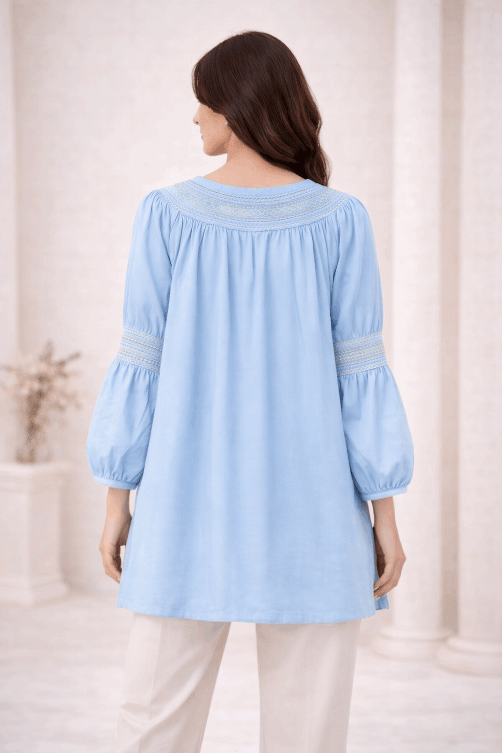 Sky Blue Laser-Cut Embroidered Button-Down Tunic - Nishat Creative Store