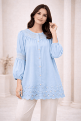 Sky Blue Laser-Cut Embroidered Button-Down Tunic - Nishat Creative Store