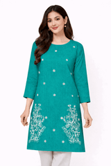 Teal Striped Floral Embroidered Kurta - Nishat Creative Store