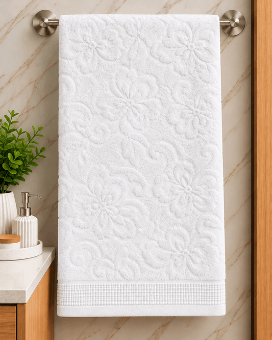 White Embossed Floral Bath Towel - Nishat Creative Store