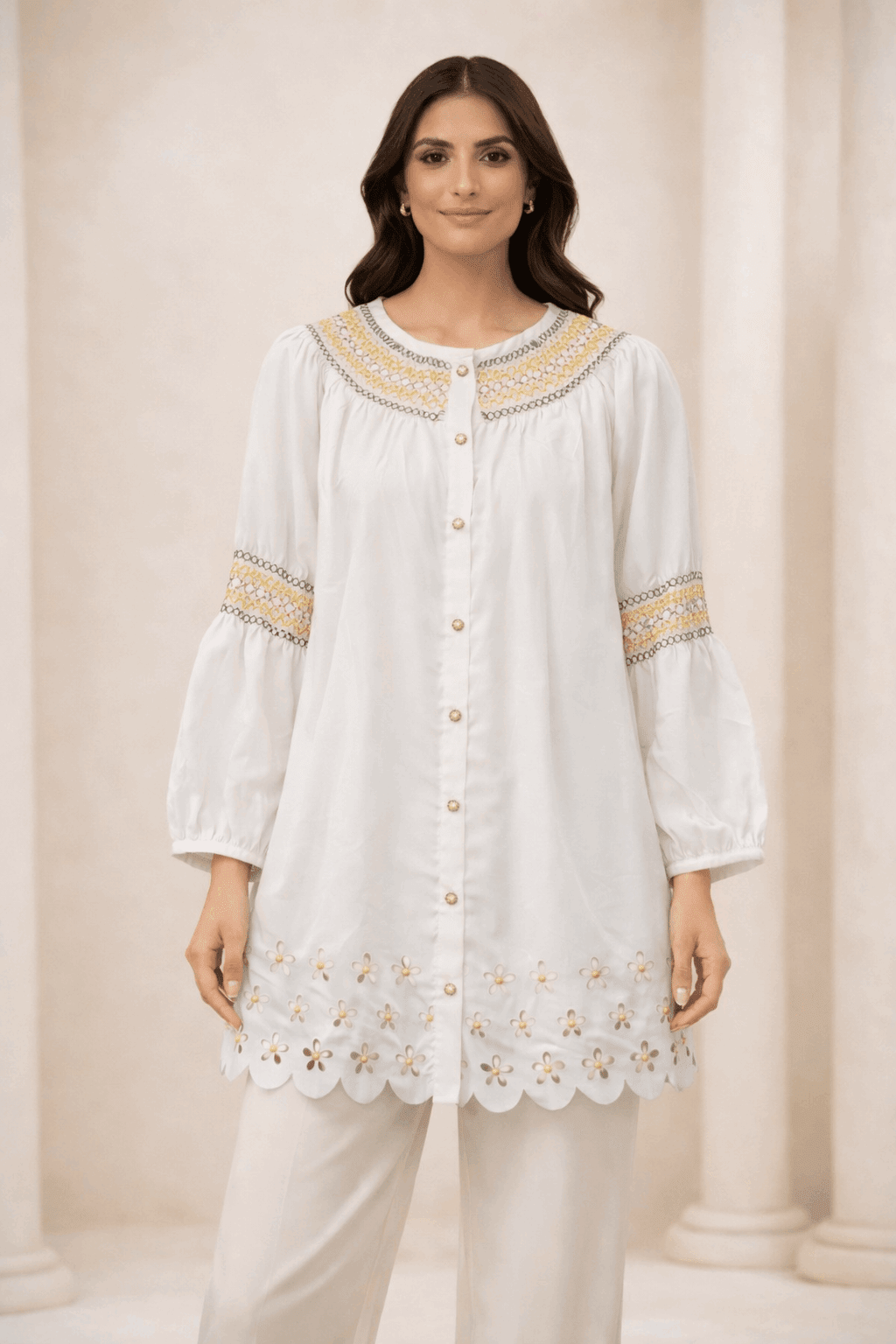White Laser-Cut Embroidered Button-Down Tunic - Nishat Creative Store