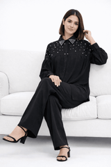 White Pearl-Embellished Collared Co-ord Set Black - Nishat Creative Store