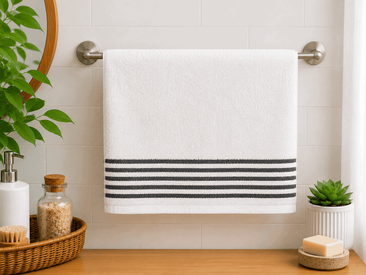 White Zero Twist Stripe Bath Towel - Nishat Creative Store